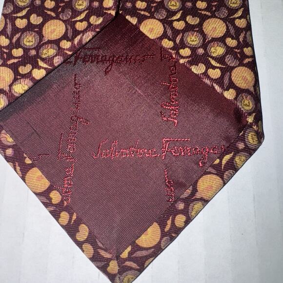 Salvatore Ferragamo Tie Mens Silk Burgundy Gold Novelty Faces Pumpkins Fall - Picture 4 of 7
